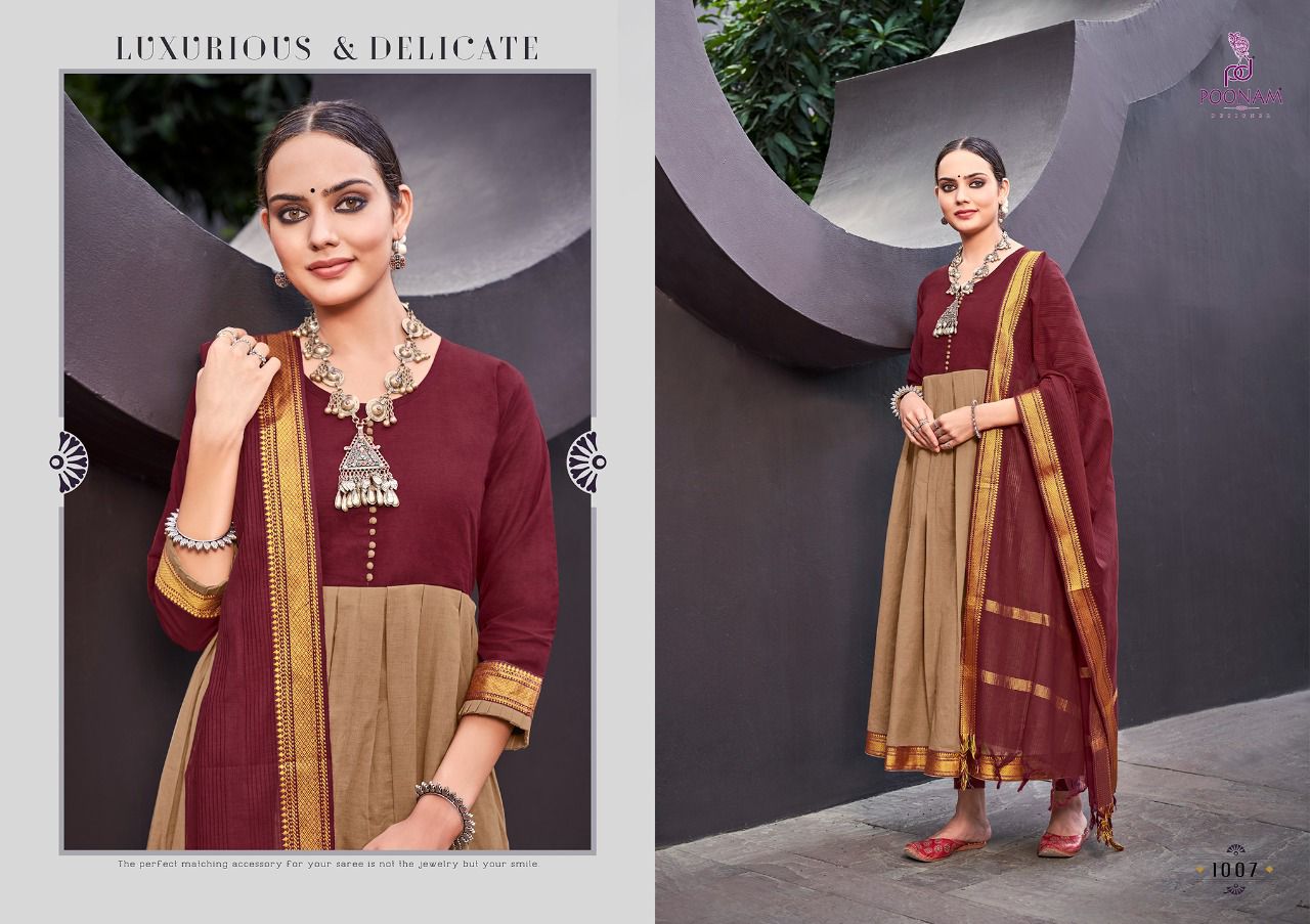 Poonam Handloom Kali Fancy Ethnic Wear Jacquard Anarkali Kurti With Dupatta Collection